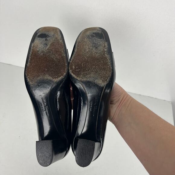 Ferragamo Leather Pumps Black Square Toe Heels Gold-Tone Horsebit Loafers 6.5 - Picture 7 of 10